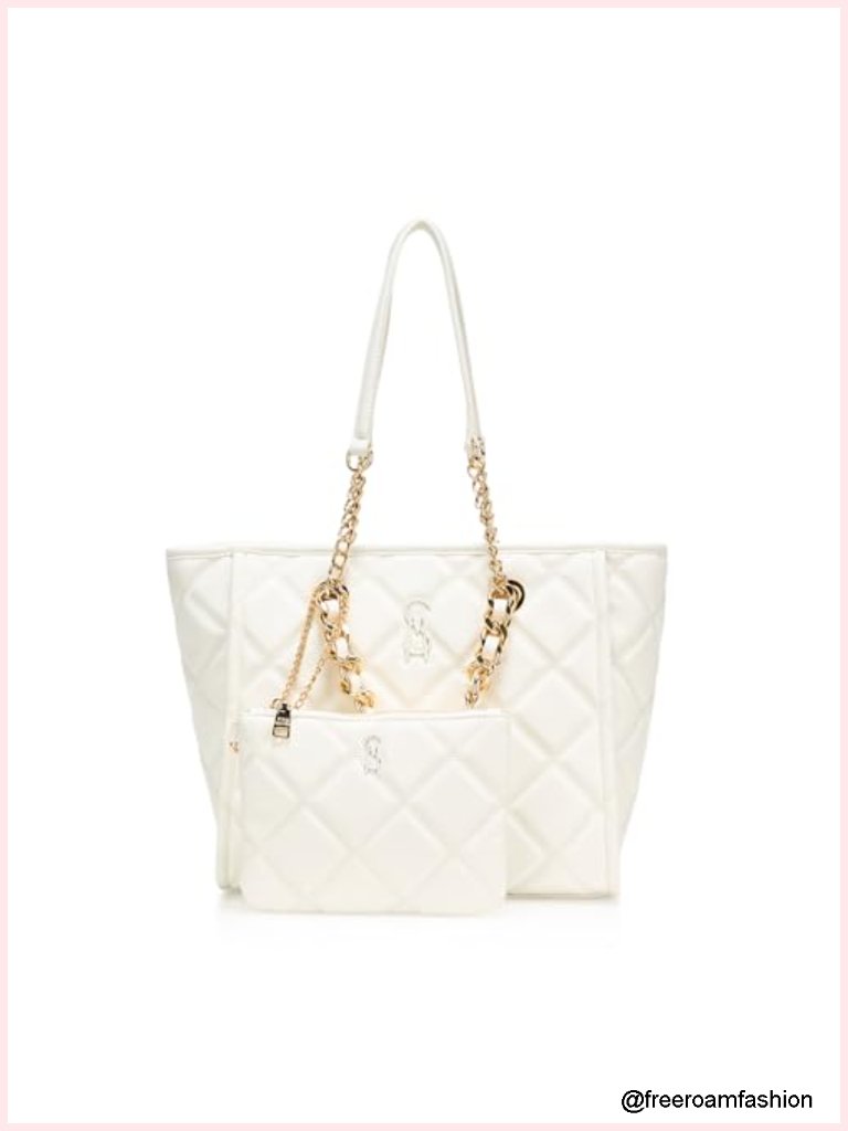 Polyurethane Tote Bag With Removable Pouch, Zipper Closure, Shoulder Straps